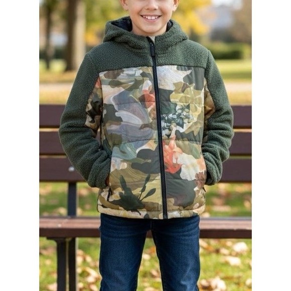 Desigual Unisex Reversible Puffer Sherpa Jacket Floral Camo Hooded Size 10